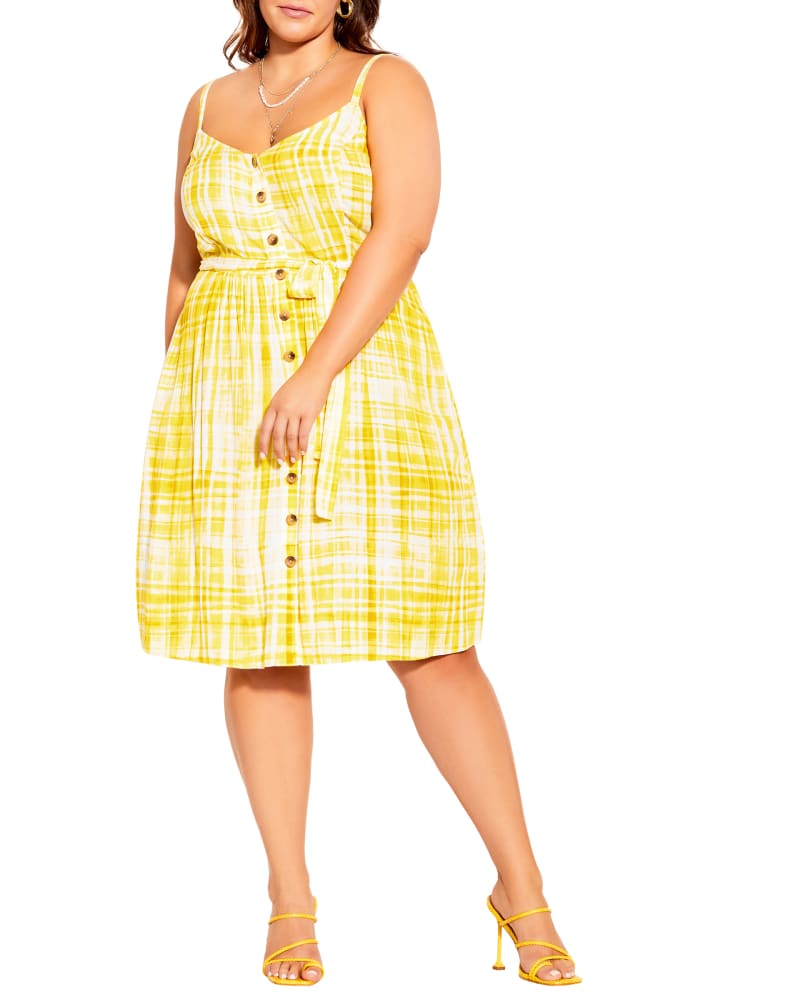 Plus size model wearing Ara Yellow Tie Dye Picnic Dress by City Chic | Dia&Co | dia_product_style_image_id:191518